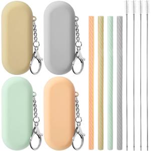 Meanplan Cruise Ship Essentials,4 Set Silicone Straws with Case Reusable Straws Silicone Portable Drinking Straw Set for Party Cold or Hot Straw with Carry Case, Cleaning Brushes