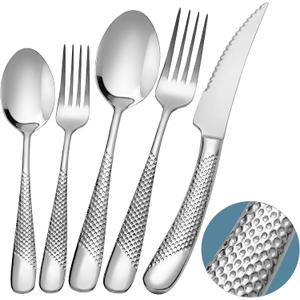 Runfly 20 Piece Hammered Silverware Set, 18/10 Stainless Steel Flatware Set, Modern Kitchen Utensil Set Service for 4, Tableware Set, Cutlery Set Including Fork Spoon and Knife