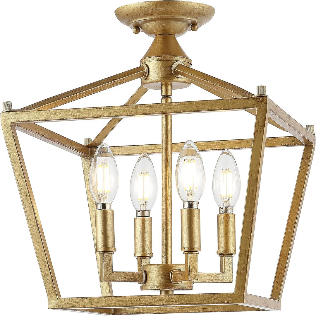 JONATHAN Y JYL7610B 12" Modern Farmhouse Semi Flush Mount Ceiling Light, 4-Light Brass Gold Lantern Fixture, Pagoda Candelabra Light for Low Ceilings, Entryway, Hallway, Kitchen, Bedroom