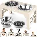 Elevated Dog Bowls, Dog Feeder with 2 Stainless Steel Dishes &1 Slow Feeder Bowl, 5 Heights Adjustable Raised Stand for Medium Large, Food Dishes with Non-Slip Feet (Apricot)