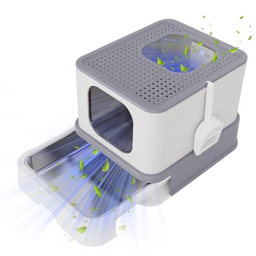 RIZZARI Enclosed Cat Litter Box with Lid, Large Foldable Litter Box with Litter Scoop, Top Entry Cat Toilet for Kittens and Big Cats (Light Gray,Stainless Steel with Deodorizer, X-Large)