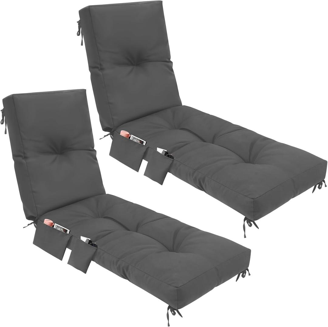 2 Pcs Outdoor Chaise Lounge Cushions with 3 Side Pocket 76x22x6 Inch Waterproof Long Deck Reclining Chair Cushions Fade Resistant Replacement Cushion for Furniture Lawn Pool (Dark Grey,Solid Color)