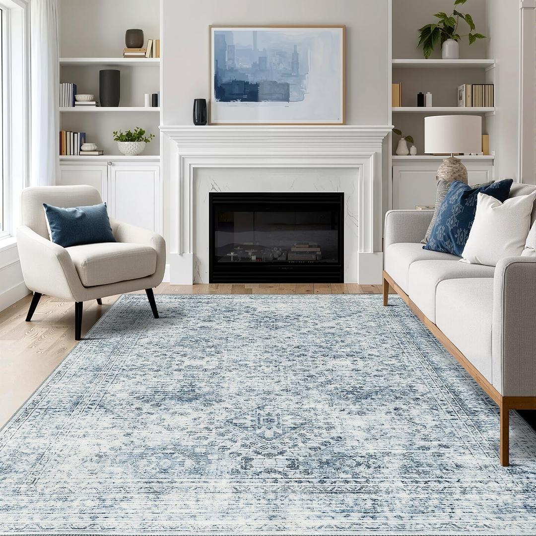 MIULEE 6x9 Vintage Living Room Rug Washable Area Rugs Low Pile Floor Mat for Bedroom Dining Room Non-Slip Stain Resistant Soft Indoor Carpet for Home Decor, Blue
