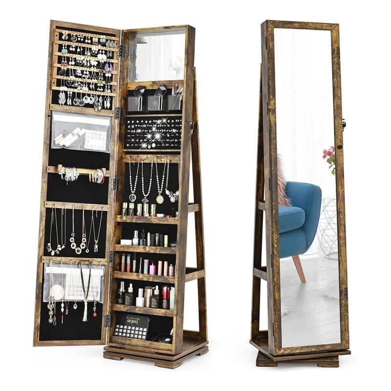 360Degree Rotatable Jewelry Cabinet Armoire 2-in-1 Lockable Mirrored Coffee