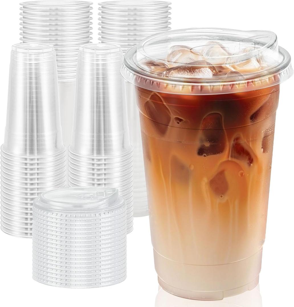 24 oz 50 Pack Clear Plastic Cups with Lids, Sturdy Iced Coffee Cups with Sip Lids, Disposable Food Safe Smoothie Cup for Cold Drinks, Juice, Milkshake