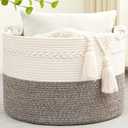 67L Large Blanket Basket, 20"x13" Woven Storage Baskets With Handle, Cotton Rope Blanket Basket Living Room, Baby Laundry hamper for Blanket, Nursery, Toy, Pillow (White & Grey)