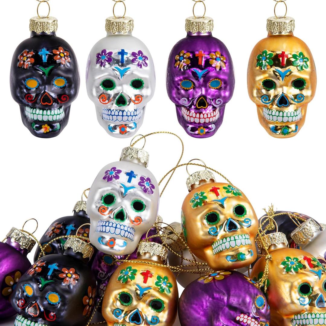 12 Pcs Day of The Dead Glass Ornaments- Dia De Los Muertos Sugar Skull Decorations- Halloween Hanging Skeleton Head Ornaments for Parties Xmas Tree Decoration