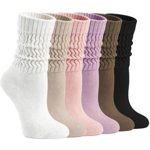 Chalier 6 Pairs Slouchy Socks for Women Soft Cotton Scrunch Socks | Elastic Stretch Combed Knit Blend, Sturdy Stitch Detailing, Stacked Fashion Effect, Mid Calf Length, Casual Home Outdoor Wear (White)