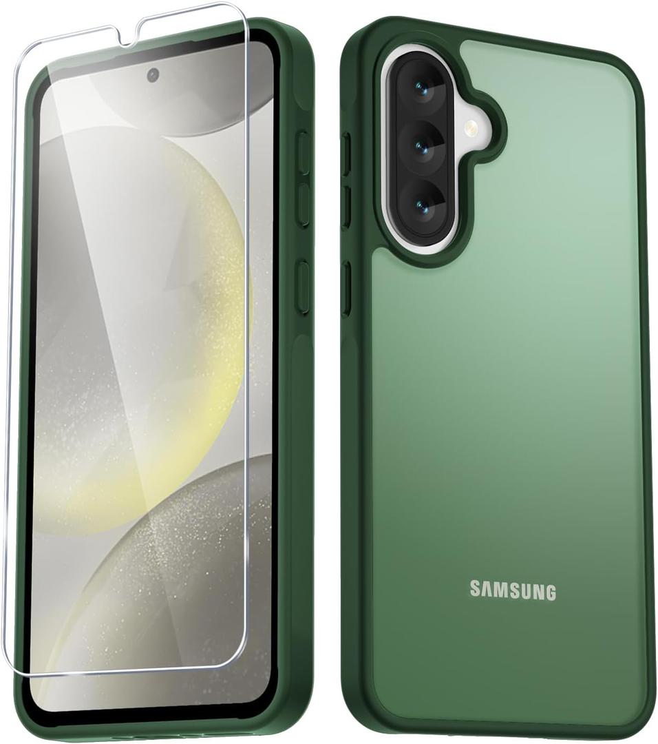 for Samsung Galaxy A36 5G/A56 5G Case, Matte Phone Case with 1 Screen Protector, Frosted Translucent Back, Slim Shockproof Protective Cover, Dark Green