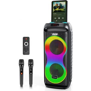 Bluetooth Karaoke Speaker with 2 Wireless Microphones 40W Portable PA System with LED Lights, TWS Pairing, 6.5 Dual Woofers, Rolling Wheels, Rechargeable Battery - for Party/Home/Outdoor
