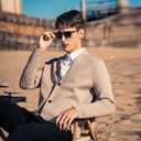 New Sweater V-Neck Solid Color Cardigan Sweater Men's Lazy Style Jacket Clip (Beige, L)