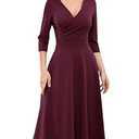 Bbonlinedress Women Vintage Cocktail Wedding Guest Church Dress V Neck Wrap 3/ 4 Long Sleeve Midi Tea Prom Dress Burgundy S