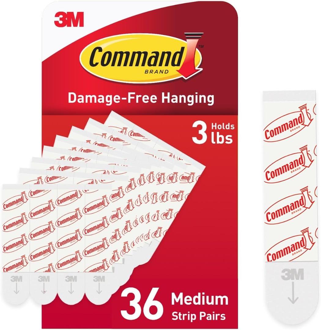 Command Medium Refill Adhesive Strips, Damage Free Hanging Wall Adhesive Strips for Medium Indoor Wall Hooks, No Tools Removable Adhesive Strips for Living Spaces, 36 White Command Strips