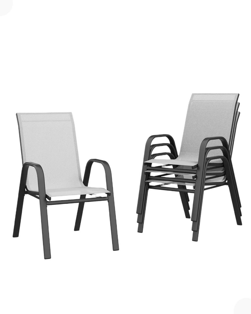 Patio Dining Chairs Set of 4 Outdoor Stackable Chairs for All Weather with Metal Frame and Backrest for Indoor Backyard Lawn Deck Poolside Porch Furniture, Grey
