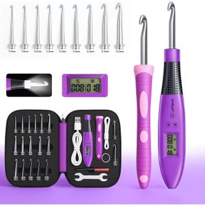 Light Up Crochet Hook Set with Stitch Counter,Crochet Kit with 18 Different Size Interchangeable Crochet Needle,Ergonomic with 2 Levels Led and Digital Stitch Counter for Crocheting and Knitting
