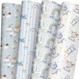 SaringSwoon Baby Shower Wrapping Paper for Boys Birthday Baby Shower - Blue Gift Wrap With Funny Animals, Airplane, Rainbow, Elephants, Balloon and Baby Boy Design - 2029 Inches, 8 Folded Sheets