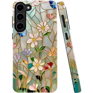 Case for Samsung Galaxy S23 Plus,Stained Glass Bloom Flower Phone Case Drop Resistant Glossy 2 in 1 Solid Dual-Layer Cover for Girl Women