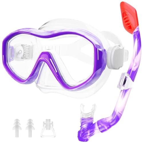 Kids Mask Snorkel Set for Age 5-15,Dry Top Snorkeling Gear for Kids Boys Girls Junior & Youth, Tempered Glass Snorkel Mask with Fins for Swimming Snorkeling (Purple+White, One Size)