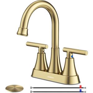 4 inch Brushed Gold Bathroom Sink Faucet with Pop-up Drain and 2 Supply Hoses, Stainless Steel Lead-Free 2-Handle Centerset Faucet for Bathroom Sink Vanity RV (Brushed Gold)