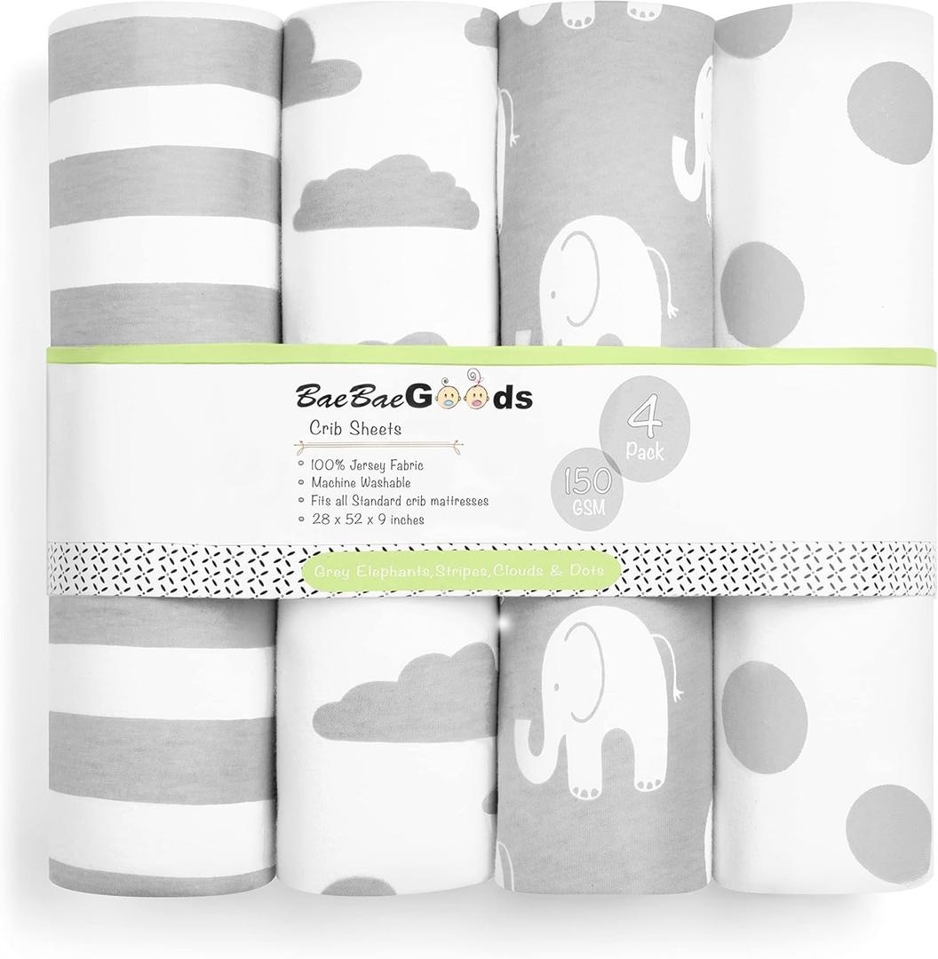 BaeBae Goods Premium Crib Sheets for Baby Boys and Girls, 3 Pack, Soft and Breathable Jersey Cotton Fitted Sheet Set, Grey and White, Cute Gender Neutral Nursery Mattress Bedding, Universal Fit