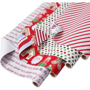 LaRibbons Reversible Christmas Wrapping Paper Set, Gingerbread Man/Green and Red Diagonal Striped Pattern for Season Party, with 2 Trimming & 3 Gift Tags, 30 Inch X 10 Feet (4 Rolls, 100 sq.ft.ttl.)