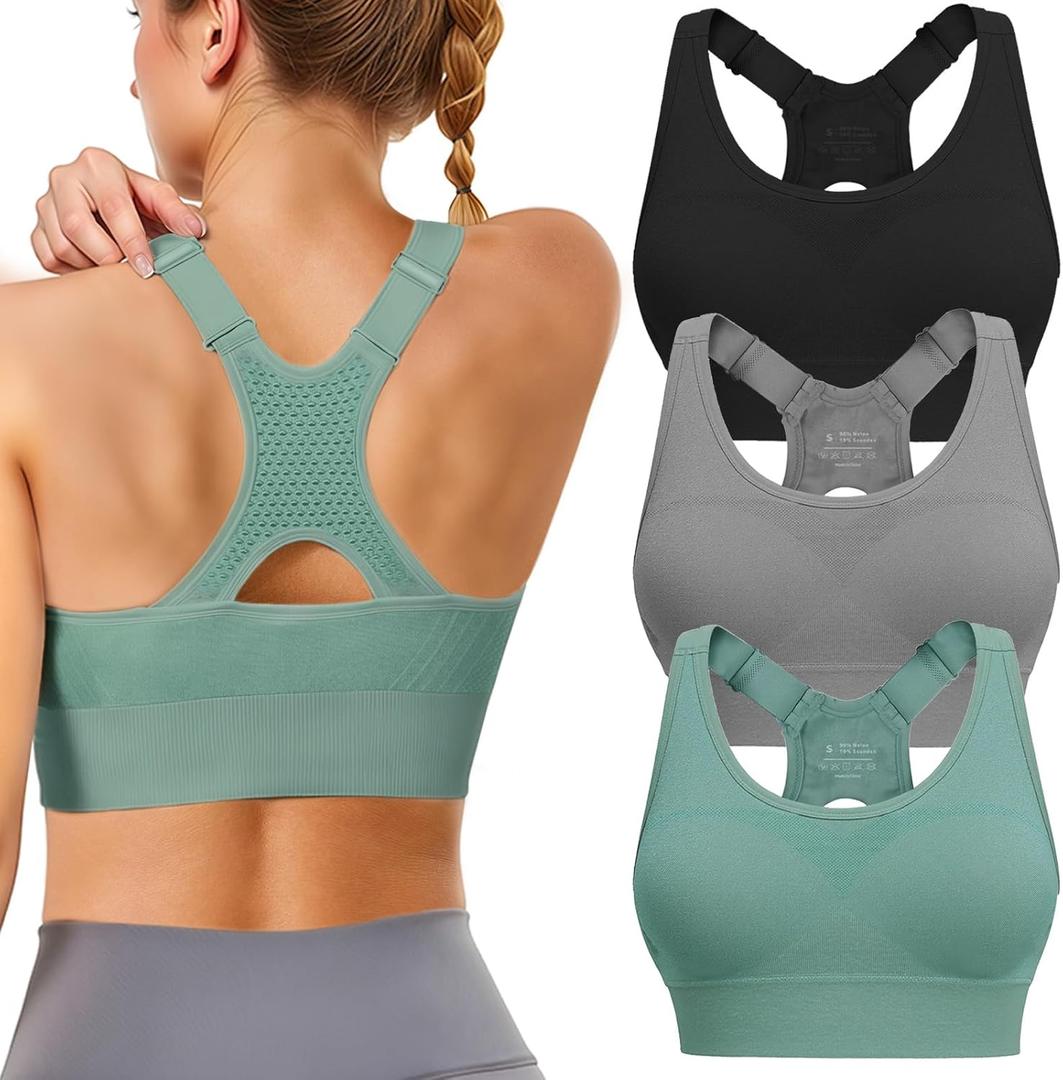 Adjustable Sports Bras for Women: 3 Pack High Support Padded Racerback Sport for Large Bust Workout Running Gym (Small, Black/Grey/Green)