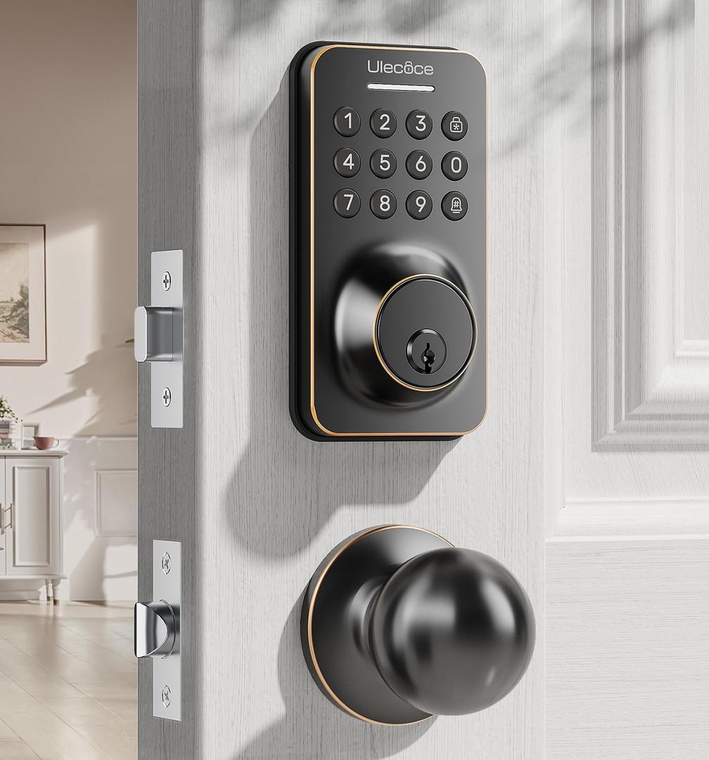 Ulecoce Keyless Entry Keypad Deadbolt with Handle Set, Auto-Lock + One-Touch Lock, 100 Codes + Easy Install, Ideal for Airbnb/Homes/Offices, Fits U.S. Standard Front Doors, Oil Rubbed Bronze