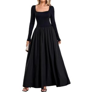 Women Long Sleeve Fall Maxi Dress Casual Square Neck Wedding Guest Long Formal Dress with Pockets (Black, S)