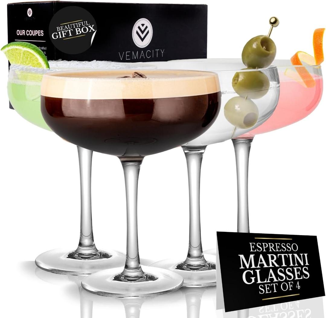 VEMACITY Elegant Espresso Martini Glasses Set of 4 | Classic Coupe Glasses Set of 4 (10oz) | Versatile Coupe Martini Glassware | Great for Champagne, Cosmopolitan, Cosmo, Margarita Glass Sets.