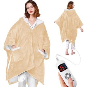 Wearable Heated Blanket - Cozy Gift for Women, Mom, Men| Reversible Flannel & Sherpa Electric Wrap with Pockets & Hood, 6 Heat Levels, 1-4H Timer, ETL Safe, Machine Wash, 50"x70" Beige (Yellow&ivory)
