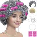 Old Lady Wig Costume Set, 8 Pcs Granny Cosplay Wig with Cane Grandmother Wig Granny Glasses Eyeglass Chain Pearl Necklace Bracelet Earrings for Halloween Christmas Costume Cosplay (Gray Curly Wig)