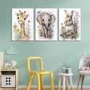 3Pcs Safari Animal Nursery Canvas Wall Art Watercolor Baby Animals with Wildflowers Picture Posters Wall Decor Cute Giraffe Elephant Rabbit Painting Print Artwork for Kids Children Room Decor 16x24in