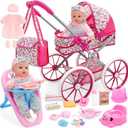 deAO Baby Doll Stroller Set Baby Doll Accessories Playset Pretend Play Toys with 12" Baby Doll,Foldable Stroller,2 Sets Doll Clothes High Chair Christmas Birthday Gift for Toddler Girls 3-7, 43x19x27 cm