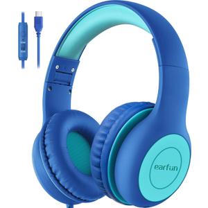 EarFun Kids Headphones Wired with Microphone, USB Type C Headphones for Kids, 85/94dB Volume Limit, Portable Wired Headphone with Shareport, Stereo Sound Foldable Headset for School/Tablet/PC, Blue