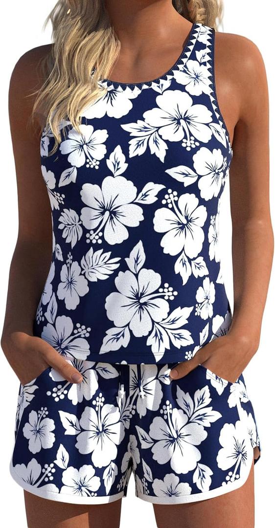 MODLILY Modest Coverage Womens Tankini Swimsuits with Pocket, Bathing Suits Contrast Binding Tank Top with Board Shorts, XL