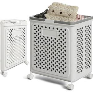 50L foldable storage basket, small plastic laundry basket with wheels and handles, space-saving rolling basket, small square laundry basket.