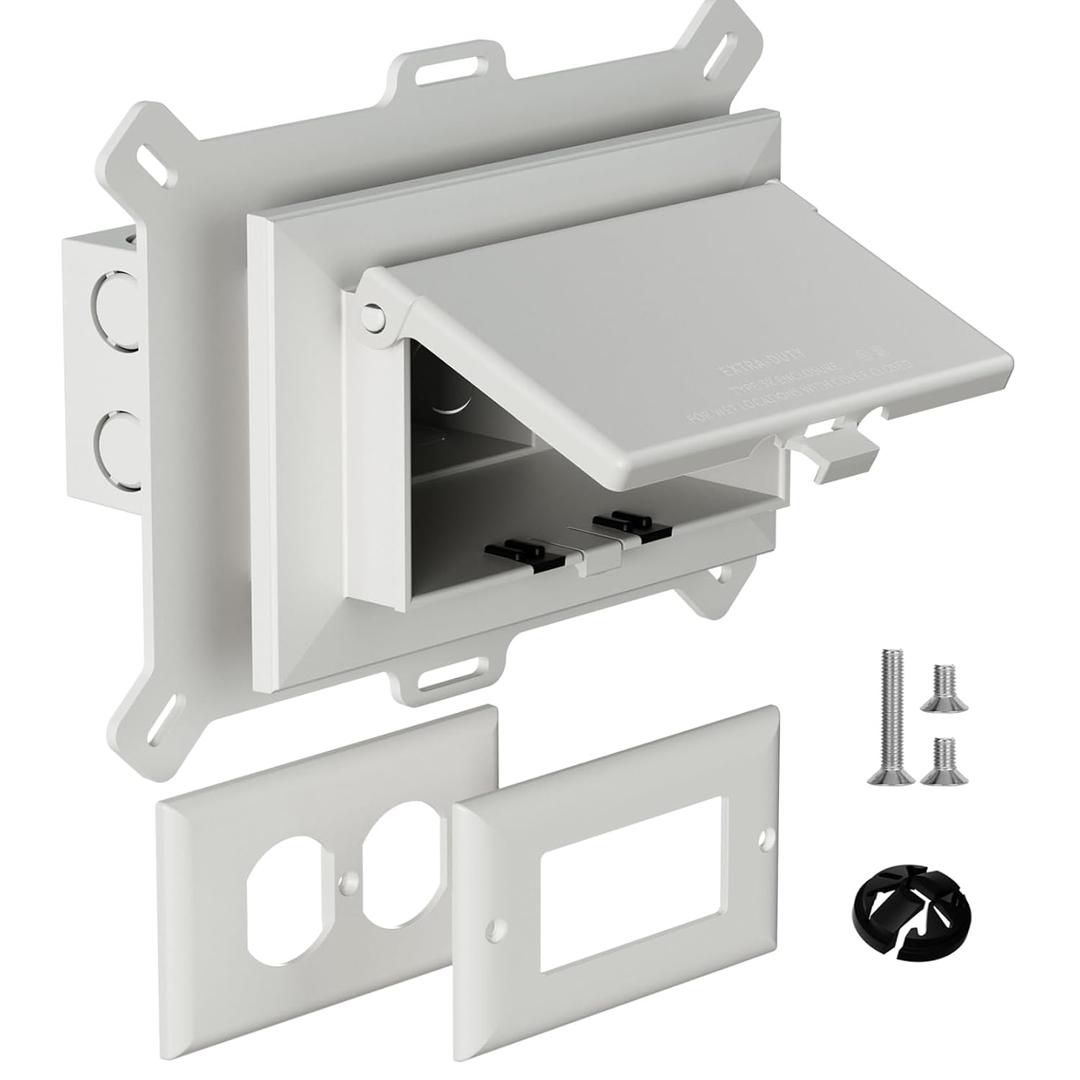 Recessed Outlet Box, DBHS1W-1 Low Profile Electrical Outlet Boxes, Wall Plate Kit for New Vinyl Siding, Enclosed Weatherproof Pack with Duplex & Decorator Style Covers, 1-Gang, Horizontal, White