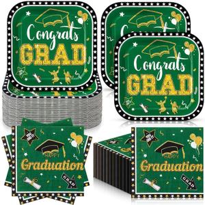 Zhehao 72 Pcs 2026 Graduation Plates and Napkins Set Serve 36, Green and Gold Graduation Party Supplies, 7" Square Congrats Grad Paper Plates and Napkins Class of 2026 Disposable Dinnerware Decoration