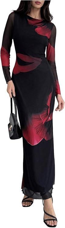 Milumia Women's Tie Dye Mesh Bodycon Dresses Floral Long Sleeve Maxi Dresses XS