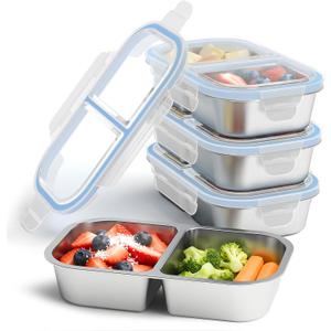 4 Pack Stainless Steel Snack Containers, 2 Compartment Reusable Metal Snack Boxes Containers with Leak-Proof Lids, Compact Lunch Box Food Storage Container