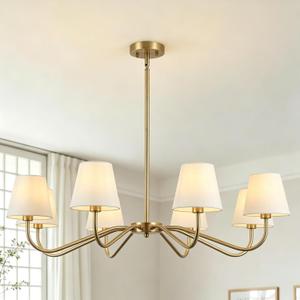 36.6'' Brushed Brass Chandelier with Off White Fabric Shade Oversized 8-Lights Modern Chandelier for Living Room Dining Room Light Fixture Adjustable Pendant Light Fixture for Kitchen Bedroom