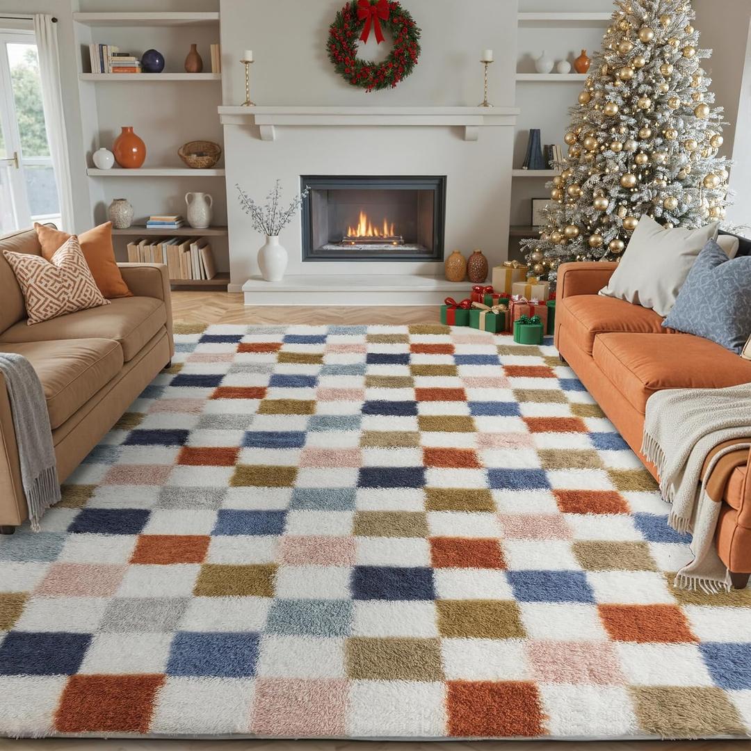 Checkered Rug 8x10 for Living Room, Modern Rainbow Shag Rug Washable Non-Slip Large Area Rug Super Soft Indoor Fuzzy Carpet Fluffy Rugs for Bedroom Home Aesthetic Decor