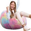 Fluffy Bean Bag Chair for Kids, 2.5FT Round Foam Filled Bean Bag for Teens & Kids, Ultra Soft Faux Fur Fabric Bean Bag Chairs for Playroom, Living Room, Bedroom, Rainbow, Small