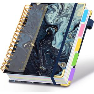 Spiral Journal Notebook for Work, 300 Pages 5 Subject Notebook College Ruled with Dividers & Tabs, 8''x 10'' Large Cute Notebooks Journal for Women Students Note-Taking and Organizer (Navy Marble)