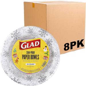 Glad Everyday Disposable Paper Bowls, Holiday Gray Snowflake Design - Heavy Duty, Microwavable Bowl - Grey Snowflakes - 12 Ounces, 20 Count - 8 Pack