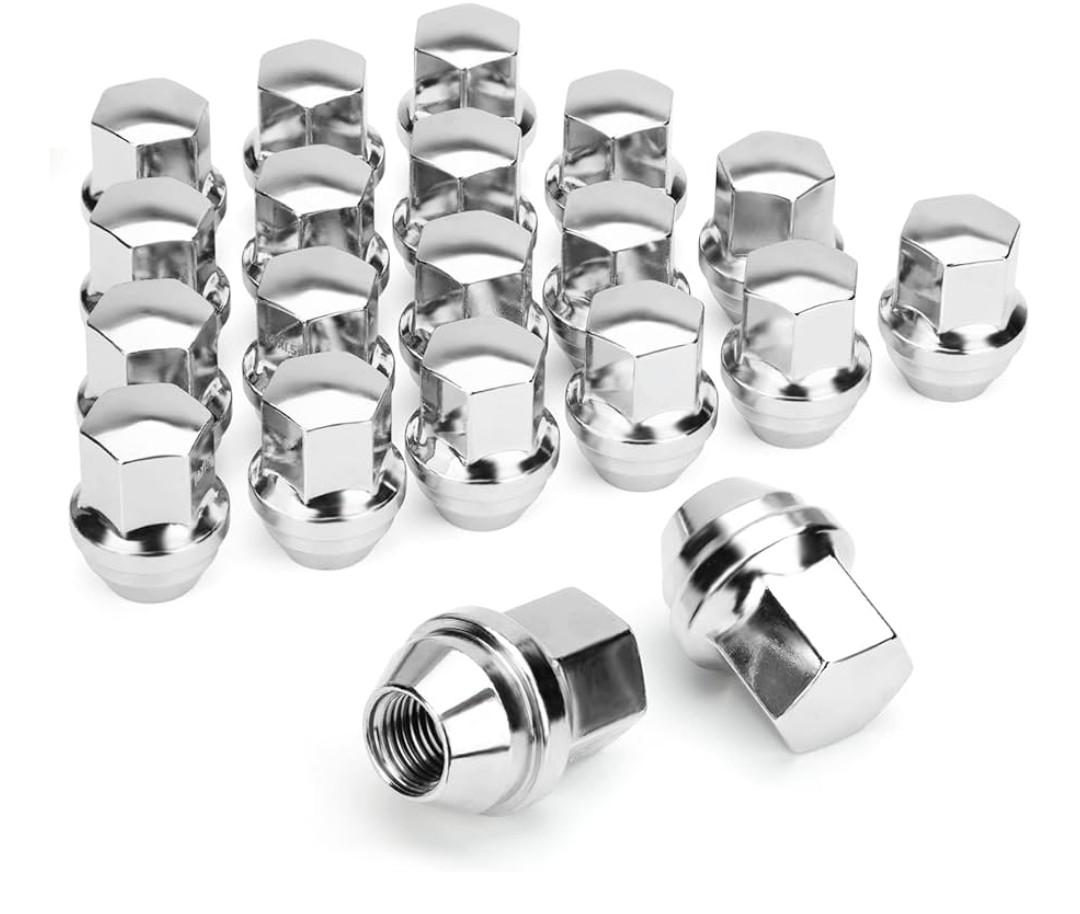 Dynofit M14×1.5 OEM Lug Nuts Compatible with Ram 1500 Jeep Buick Cadillac Chrysler, 20PCS Chrome Wheel Nuts 22mm Hex 1.5" Height One-piece Design Conical Cone Bulge Seat