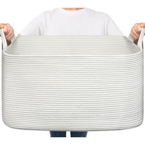 Large Blanket Basket Living Room, Storage Baskets for Organizing, Woven Rope Laundry Basket for Toy Storage, 21.6" x 14.9" x 11.8", White