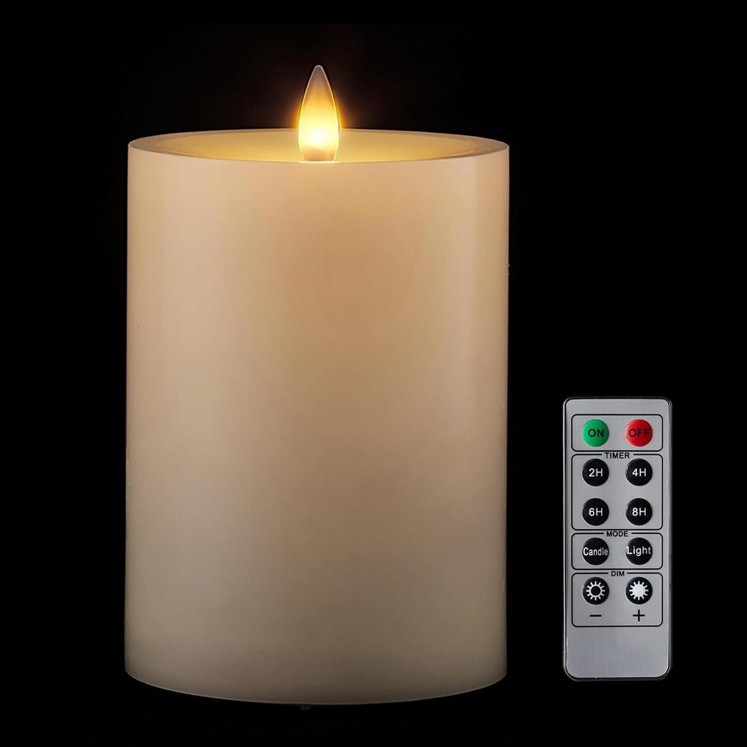 Flameless Pillar Candles Flickering with Remote Timer, Battery Operated LED Candles Up to 400 Hours, 3D Moving Flame Real Wax Candles, D4 x H6, Remote Included (Ivory, 4inx6in)