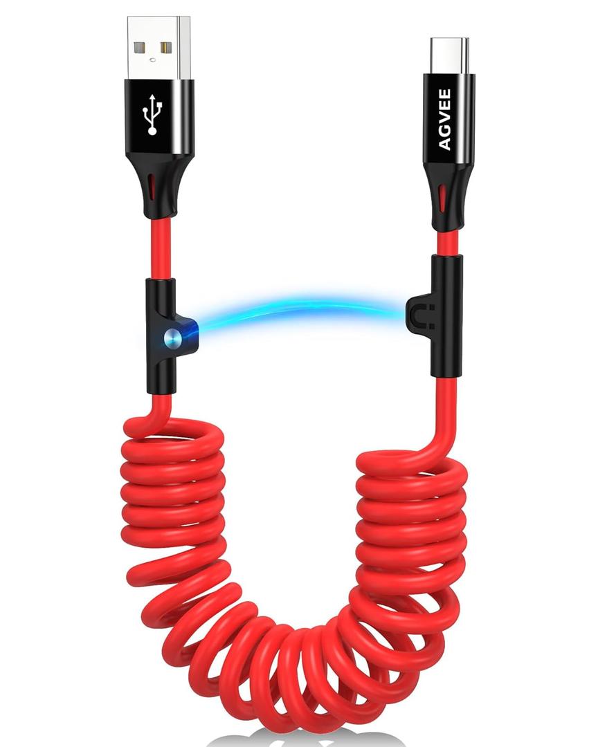 AGVEE 2 Pack 3ft Coiled Short USB to USB-C Charging Cable [USB-IF Certified] 3A Fast Charger Cord in Car for iPhone 17/16/15 CarPlay, Galaxy S25 S24 S23 S22 S21 S10 S9 S8, Google Pixel, Red