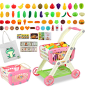 Kids Shopping Cart - 2 in 1 Toy Shopping Cart with Play Food Fruit Vegetable Dessert and Shop Accessories, 72pcs Pretend Play Grocery Store Toy Kitchen Game Trolley Play Set for Kids (Pink)